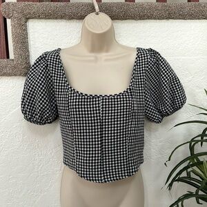SIENNA SKY Women’s Black And White Gingham Puff Sleeve Cropped Top Size S EUC